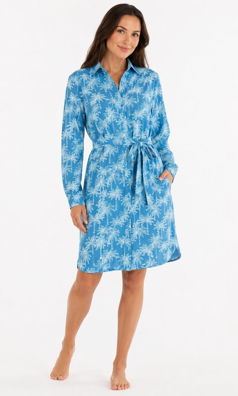 Coolibar Kitts Shirt Dress Turquoise Palm Tree Print Belted UPF 50+ NWT S